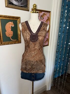 Vintage Y2K Sleeveless Brown Leopard Print Crochet-Trim Tank Top
